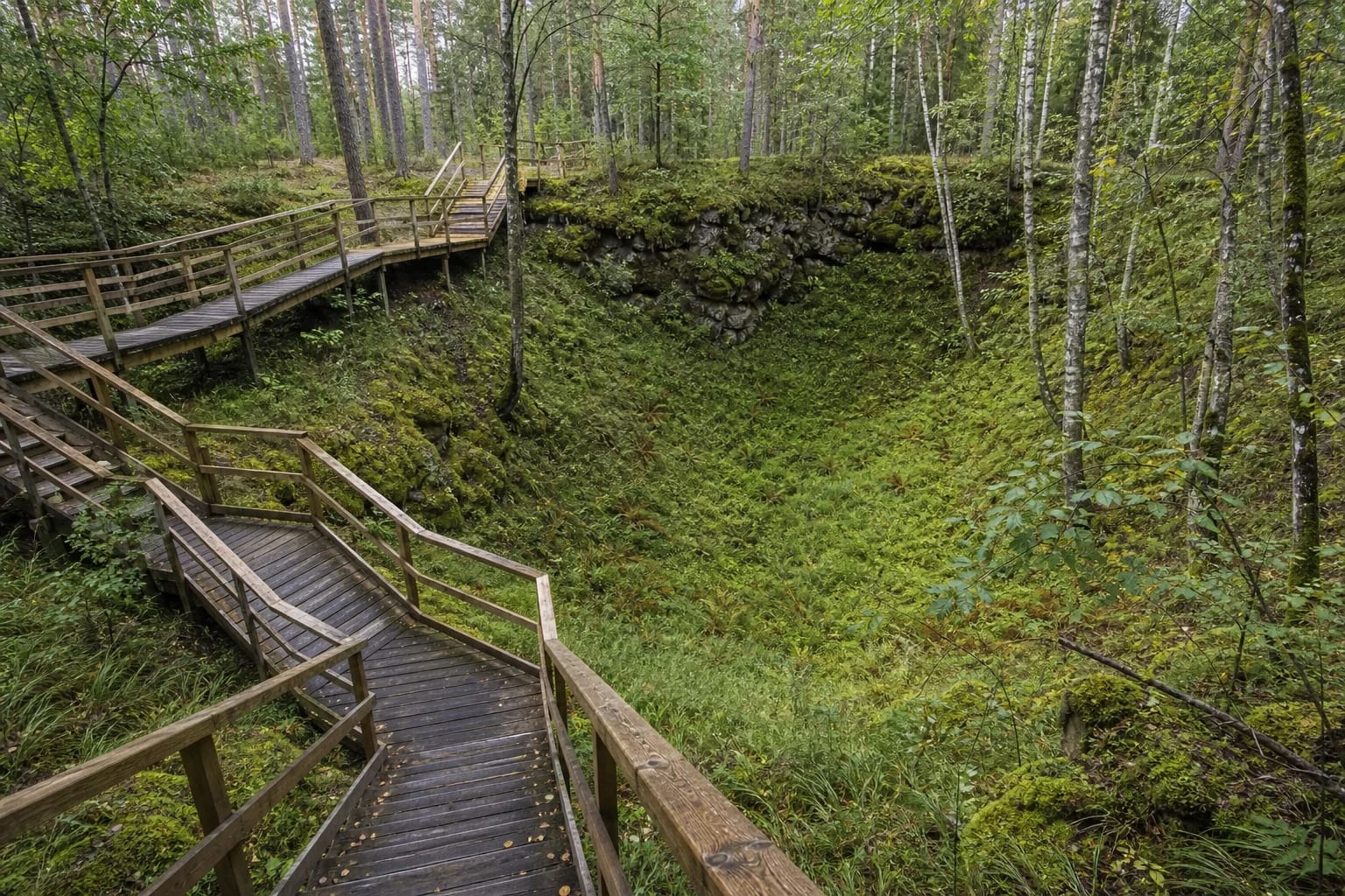 Barsuko olos geologinio tako smegduobės ir mediniai laiptai miške prie Biržų