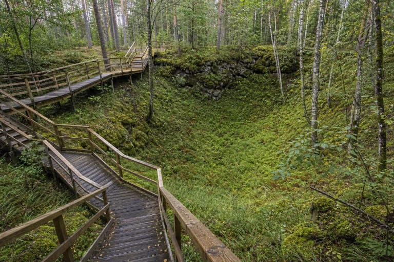 Barsuko olos geologinio tako smegduobės ir mediniai laiptai miške prie Biržų