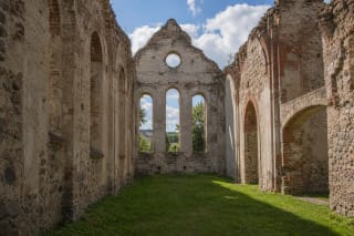 Conserved roofless masonry walls of the old Bartninkai church in Suvalkija