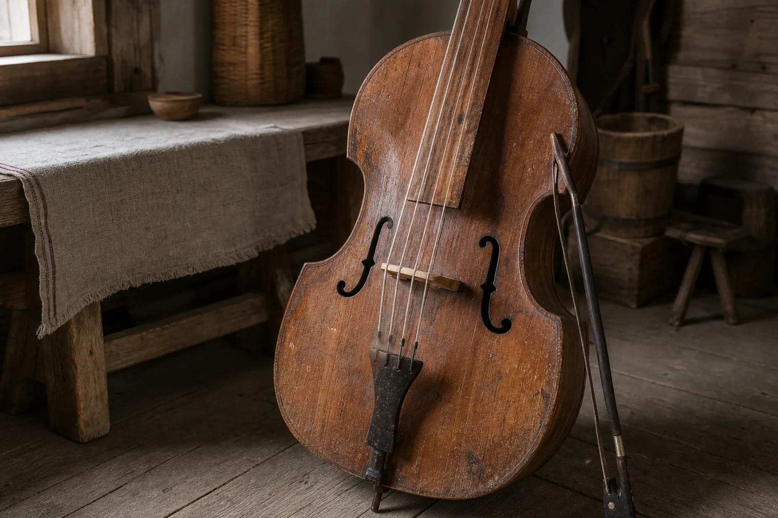A basetlė body with strings and bow on a wooden bench