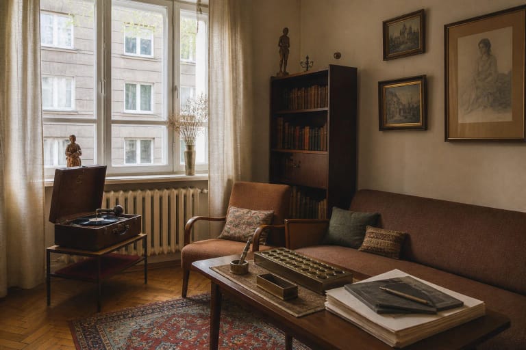 Beatričės namų memorialinio buto svetainė su patefonu, sofa ir langais