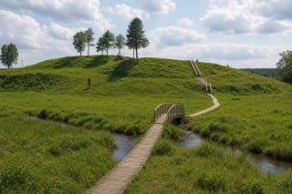 Timber boardwalk and footbridge across the Gauja leading to green Bėčionys Hillfort, its stairs and sparse summit trees