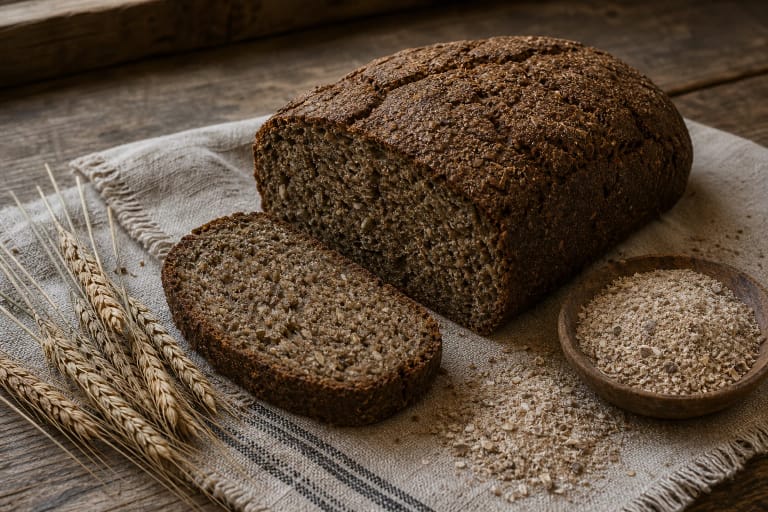 A dark coarse loaf of bėralinė rye bread with a slice and rye ears on a wooden table