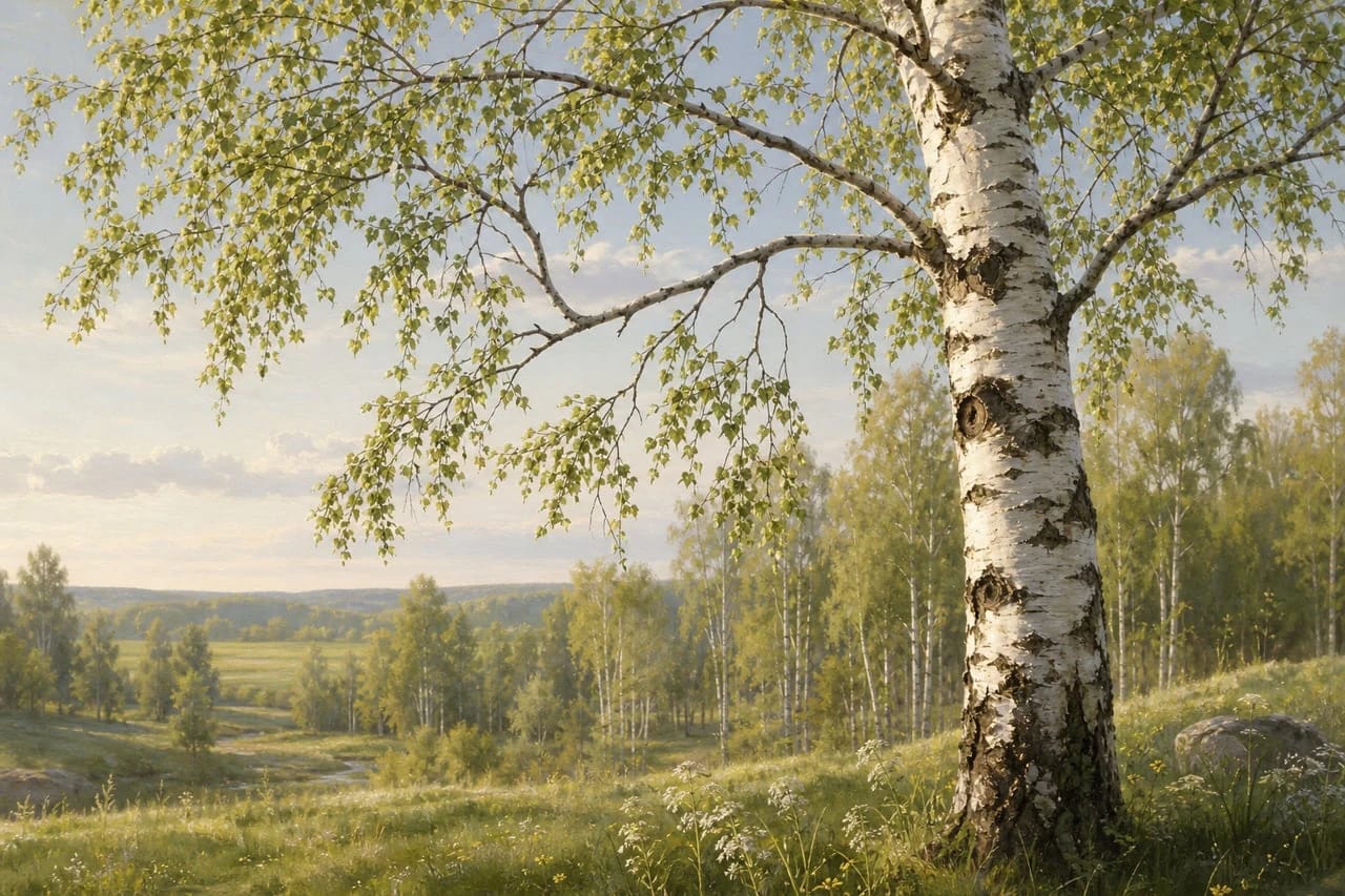 A white birch in a spring Lithuanian meadow as a symbol of youth and sensitivity