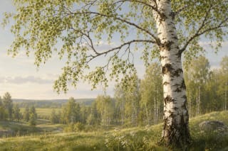 A white birch in a spring Lithuanian meadow as a symbol of youth and sensitivity