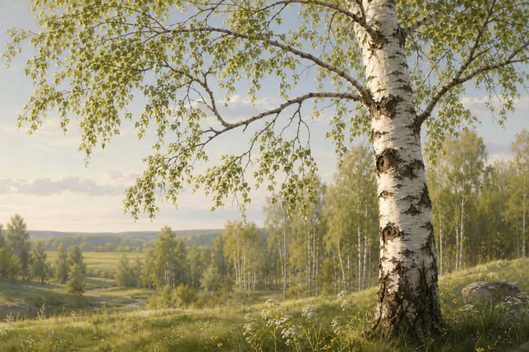 A white birch in a spring Lithuanian meadow as a symbol of youth and sensitivity