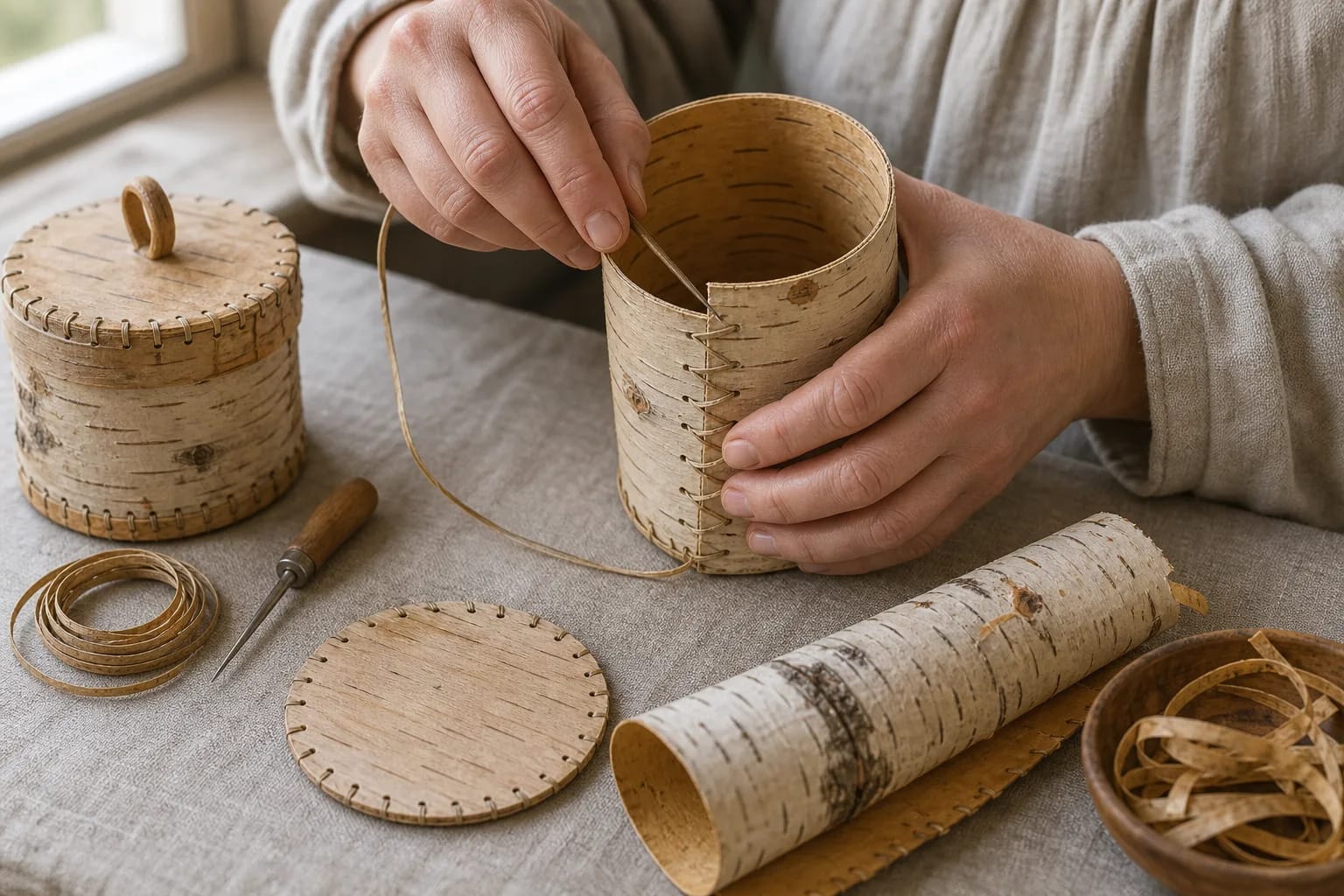 A birch-bark sheet is sewn into a cylindrical vessel.