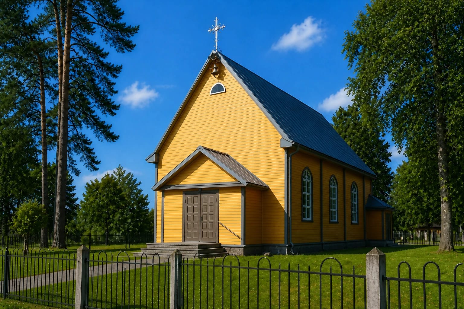 Yellow wooden Church of Our Lady of Mercy in Bezdonys with a dark roof behind a black churchyard fence
