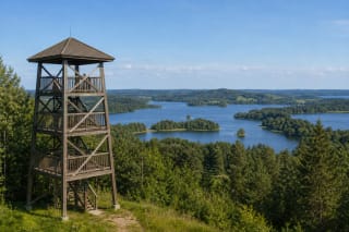 Bijeikiai Observation Tower above the islands of Lake Rubikiai and Lake Dusynas