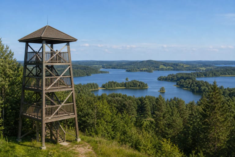 Bijeikių apžvalgos bokštas virš Rubikių ežero salų ir Dusyno ežero