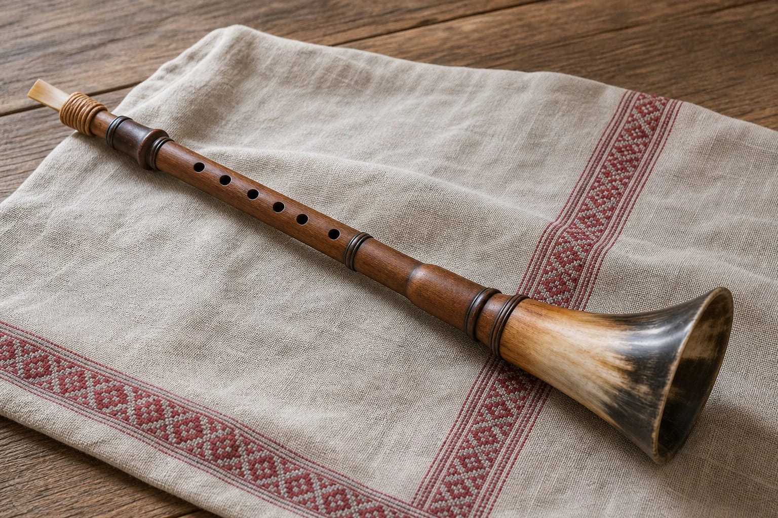 A wooden birbynė with a horn bell as a Lithuanian folk wind instrument