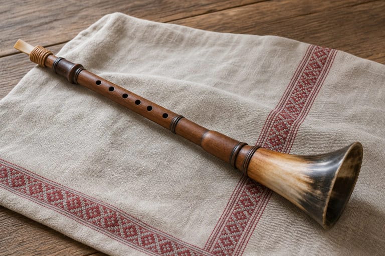 A wooden birbynė with a horn bell as a Lithuanian folk wind instrument