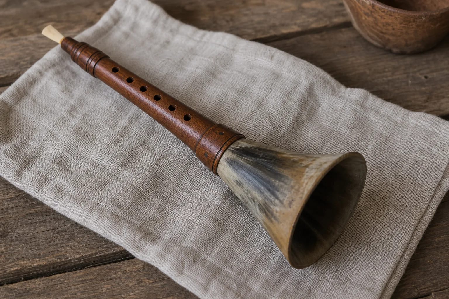 A birbynė wooden pipe with horn bell on linen
