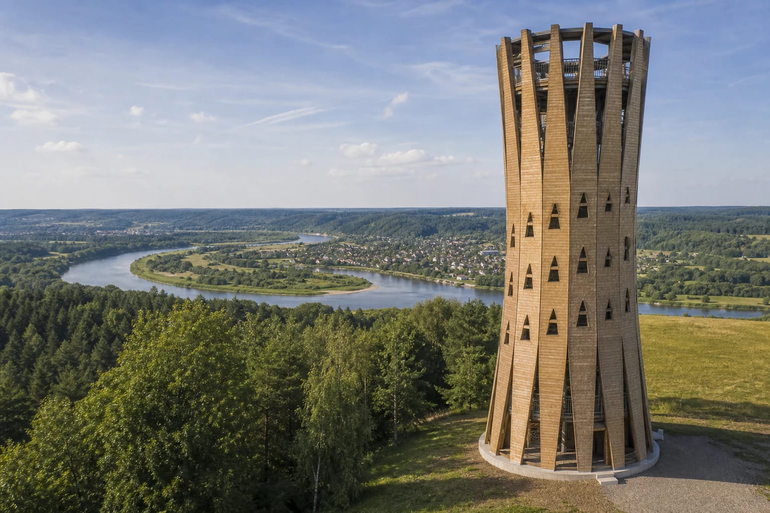 Birštonas Nemunas Loops observation tower on Škėvonys Ridge with a Nemunas valley panorama