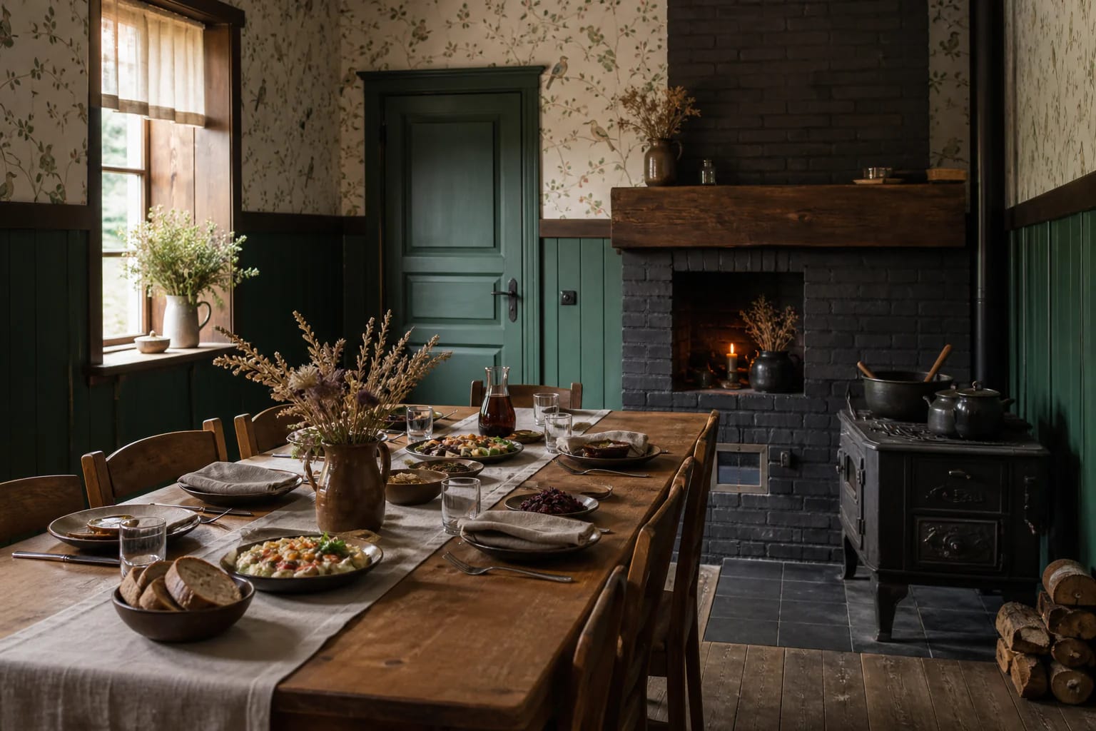 Birštonas Dvarelis education room with green wood panelling, bird-patterned walls and a masonry fireplace