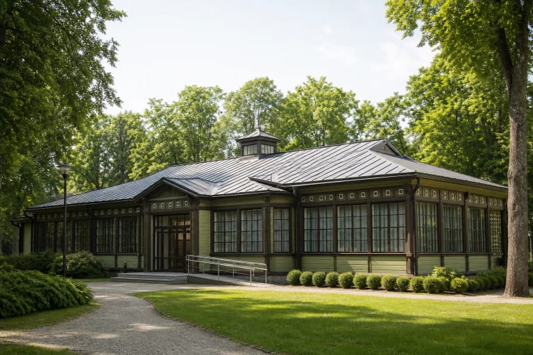 Green timber Birštonas Kurhaus with broad windows, brown ornament, and a small roof lantern in Vytautas Park