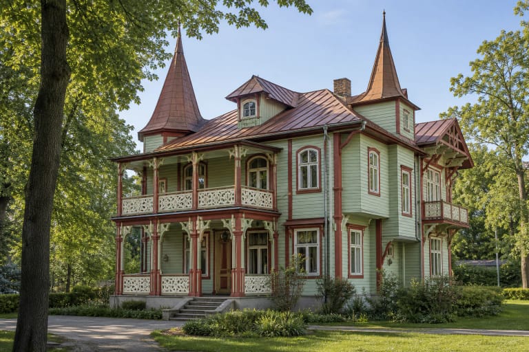 Šviesiai žalia medinė Birštono muziejaus vila su raudonais apvadais, puošniais balkonais ir smailiais bokšteliais