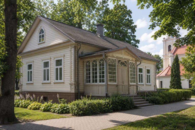 Medinė Birštono klebonija su verandomis, kurioje veikia sakralinis muziejus