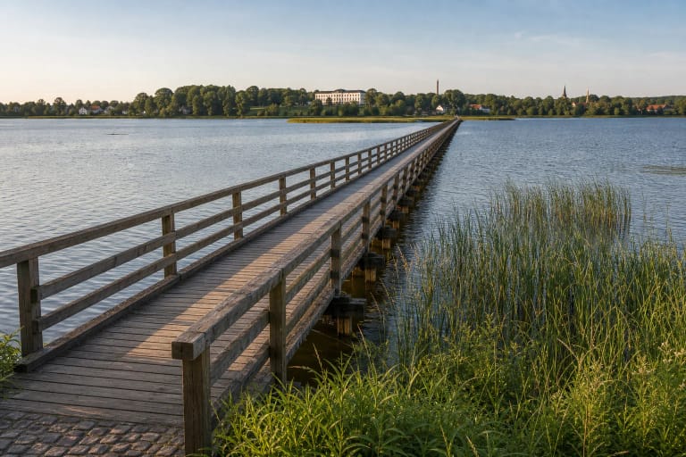 Ilgas medinis Biržų pėsčiųjų tiltas per Širvėnos ežerą Saulėlydžio metu