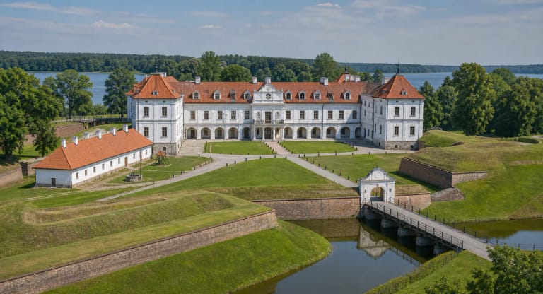 Biržų pilies rūmai, bastionų pylimai, tiltas ir vandens griovys prie Širvėnos ežero