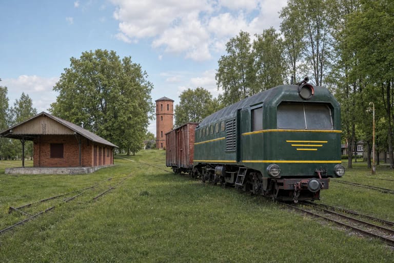 The Biržai narrow-gauge railway yard with a green display locomotive, a red-brick goods warehouse, and a water tower