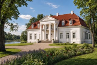 Bistrampolis Manor palace with park paths, ponds, and tree avenues