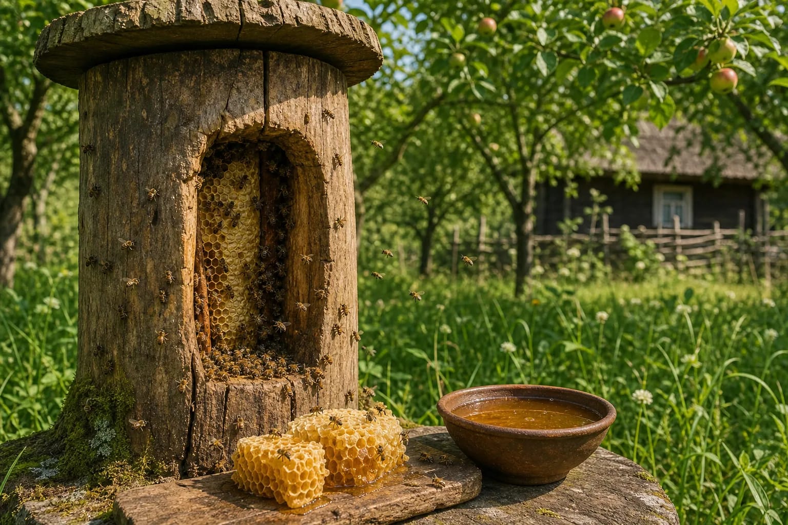 Traditional wooden hive in an orchard with bees, honeycomb, and a bowl of honey.