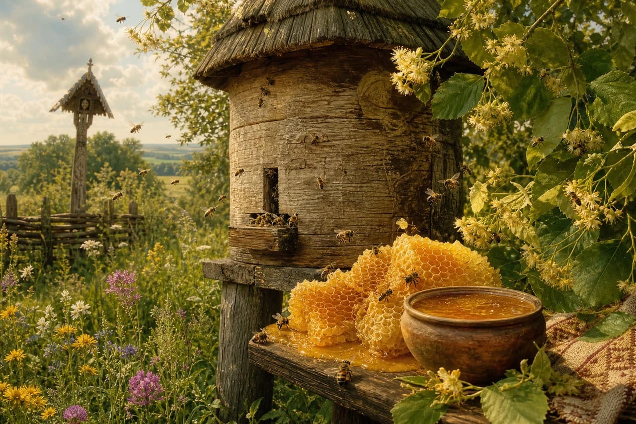 Bees near a wooden hive and honeycomb as a Lithuanian symbol of friendship and community