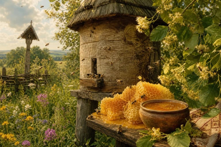 Bees near a wooden hive and honeycomb as a Lithuanian symbol of friendship and community