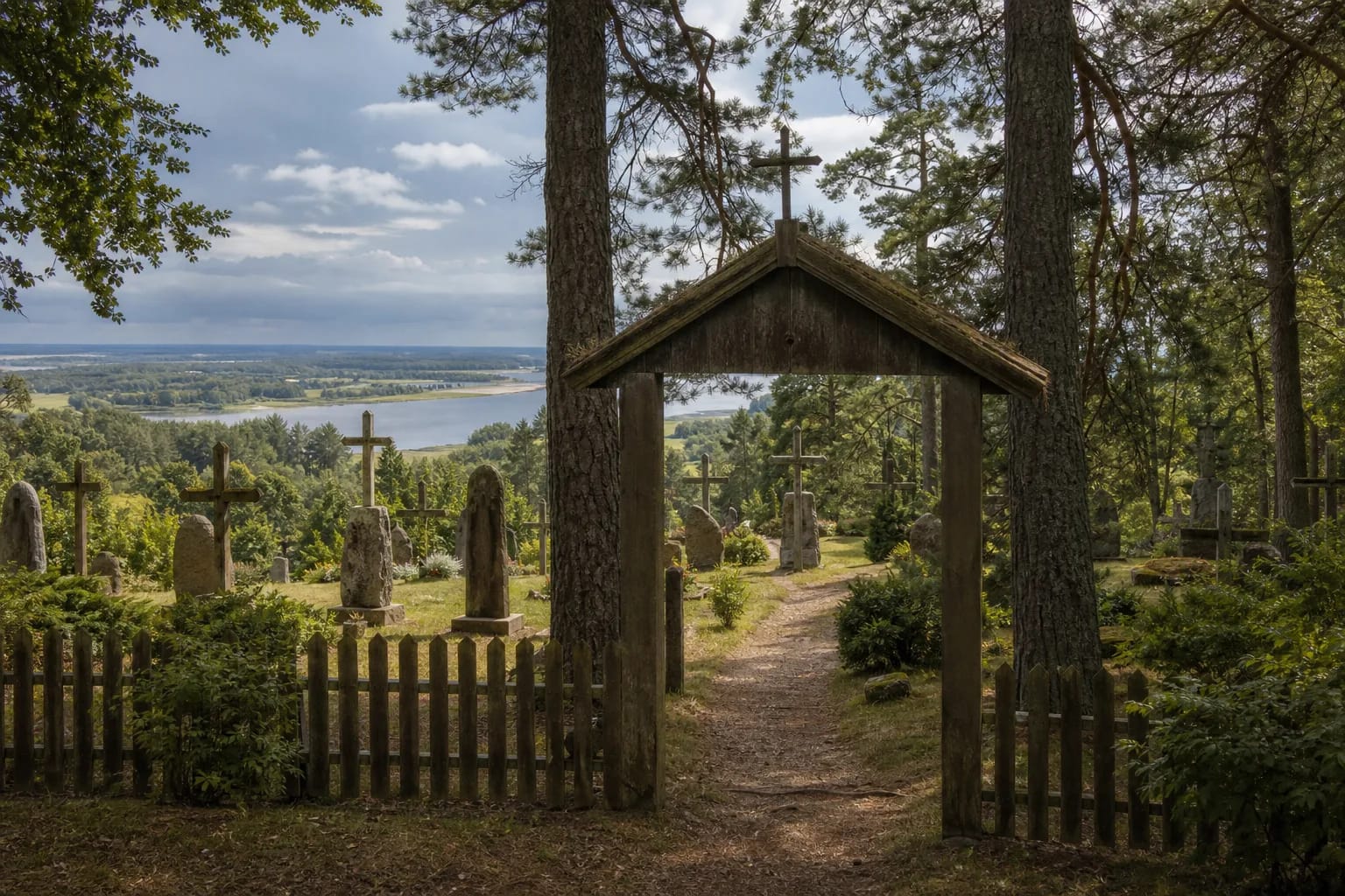 Bitėnai-Rambynas cemetery with the gate of the Lithuania Minor pantheon near the Nemunas