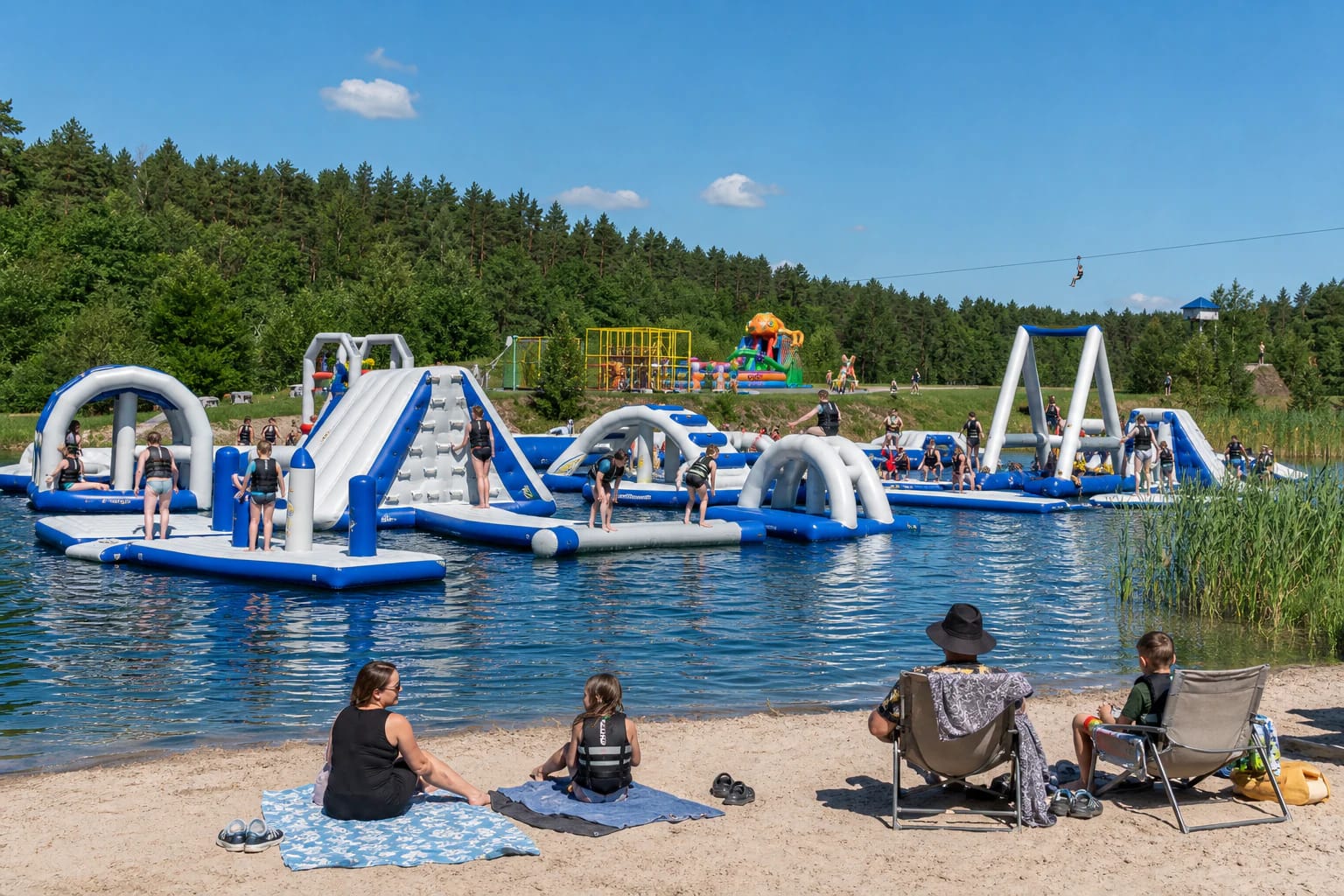 Blue-and-white floating obstacle course at BOOM Park in Žibininkai, with families on the sandy shore and forest around the pond