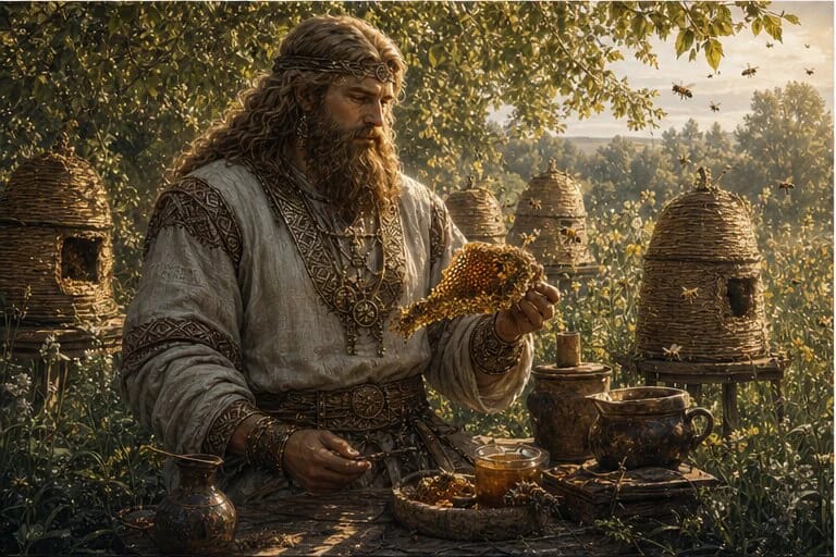 Bubilas holds honey near old hives and bees