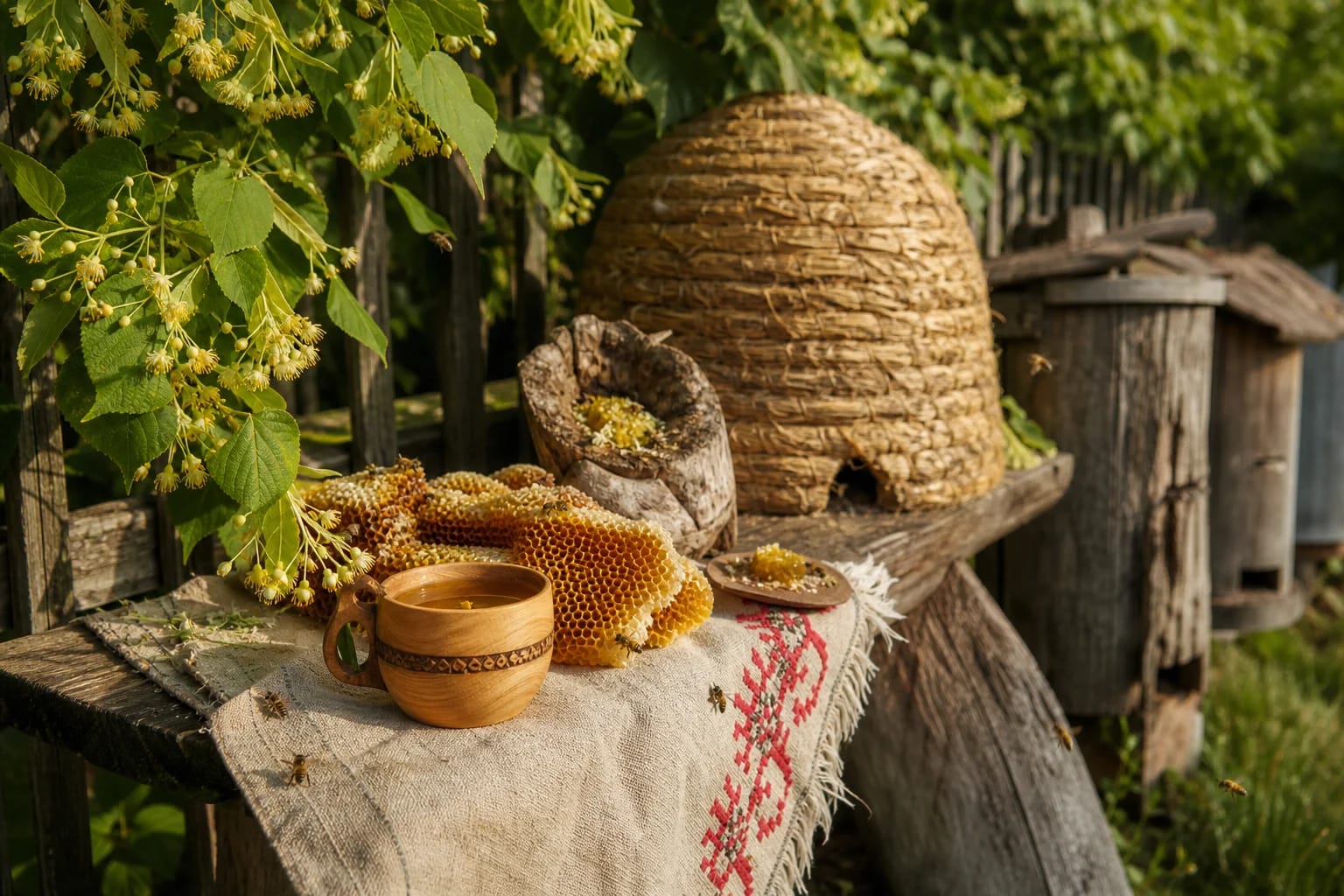 Honey, comb, and hive for the beekeeping image of Bubilas