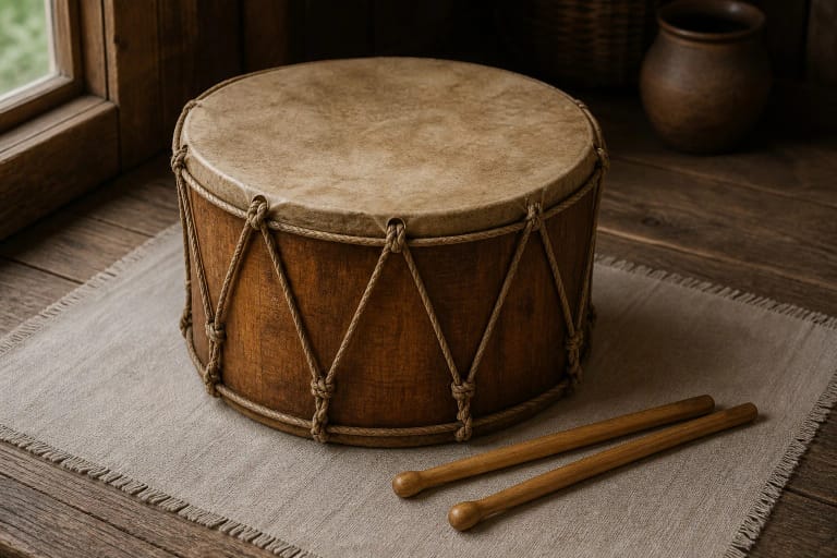 A Lithuanian drum with wooden sticks as a traditional percussion instrument