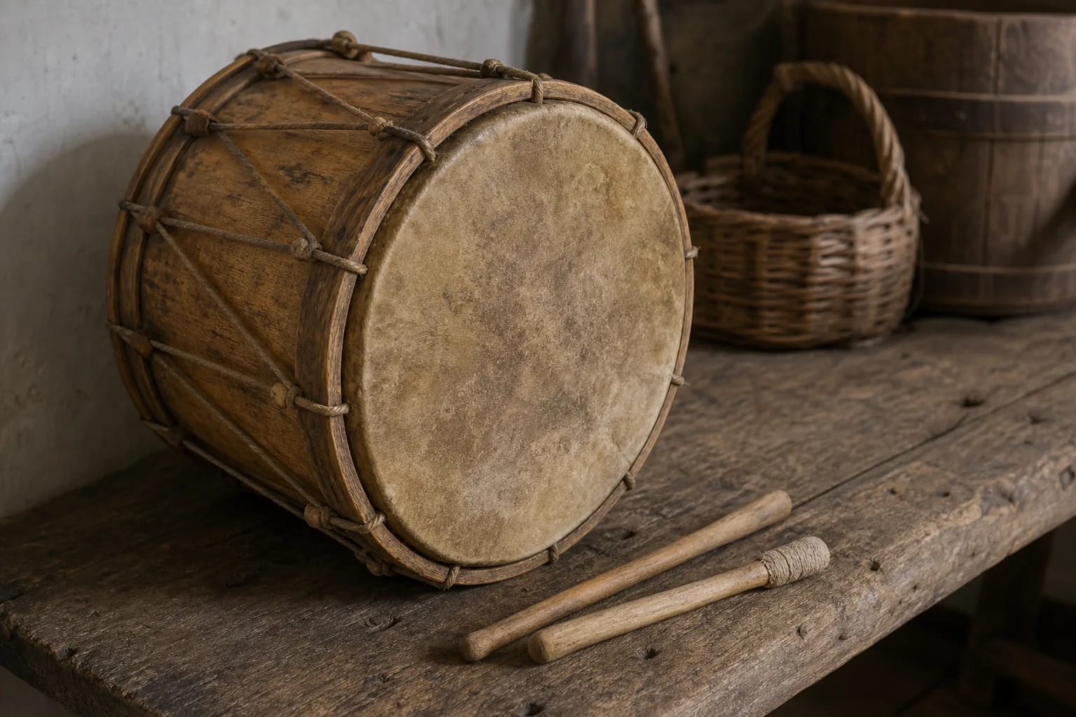 A drum hide membrane, wooden body, and beaters
