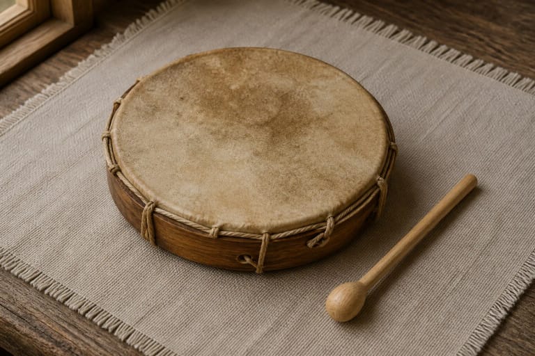 A small Lithuanian būgnelis with skin and a stick as a folk percussion instrument