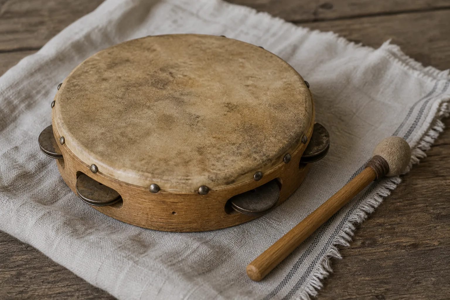 A būgnelis hide head and jingles in a wooden frame