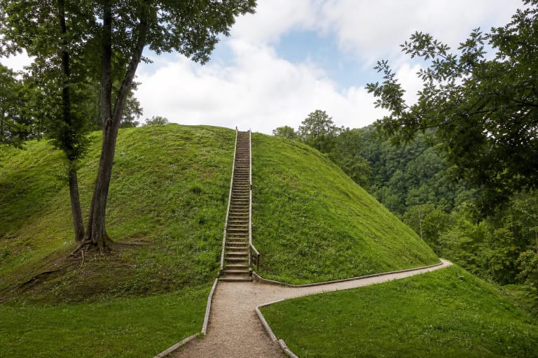 Timber steps climbing the steep green rampart of Buivydai Hillfort above the wooded Dūkšta Valley