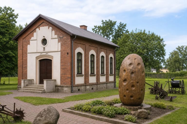 Bulvės muziejus buvusioje siurblinėje Kudirkos Naumiestyje su mediniu paminklu bulvei