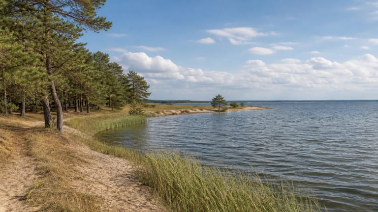 Bulvikio ragas prie Kuršių marių su nendrėmis ir plačiu vandens horizontu