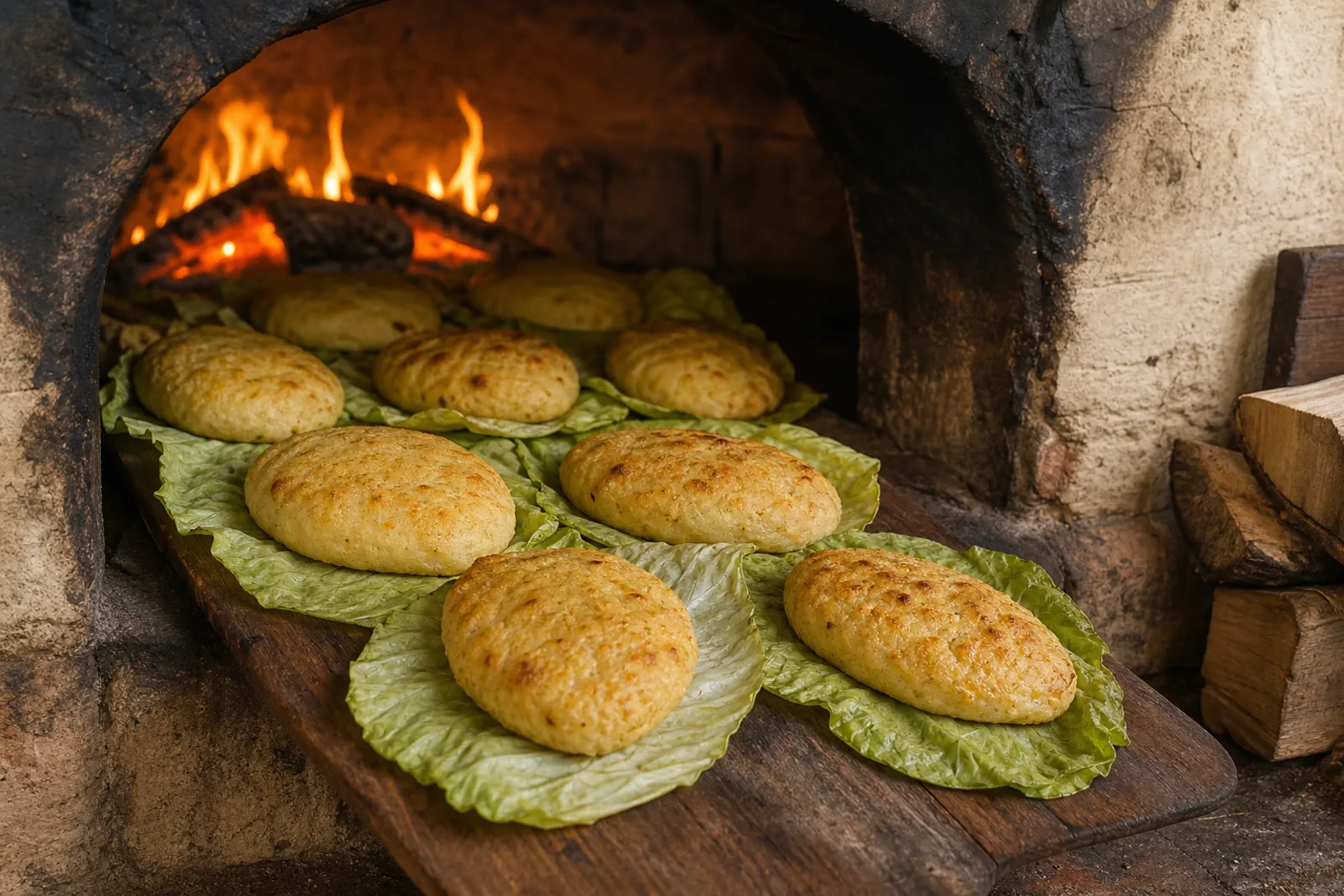 Bulvinės bandos: grated-potato bandos baked on cabbage leaves in a bread oven in a Lithuanian traditional food context