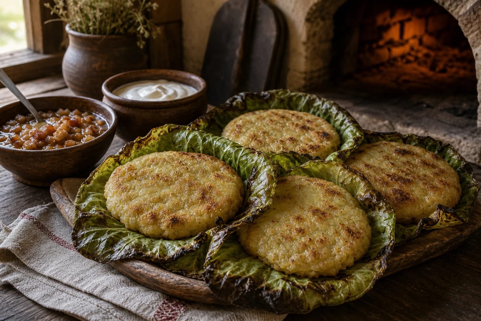 Дзукийская картофельная лепёшка бандос, выпеченная на капустном листе в хлебной печи, со шкварочным соусом и сметаной