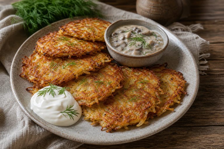 Crisp Lithuanian potato pancakes with sour cream, dill, and mushroom sauce