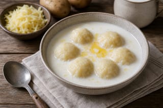 Potato dumpling soup in a clay bowl with sour cream, dill, and potatoes on a wooden table