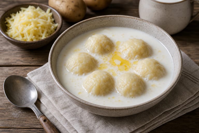Potato dumpling soup in a clay bowl with sour cream, dill, and potatoes on a wooden table