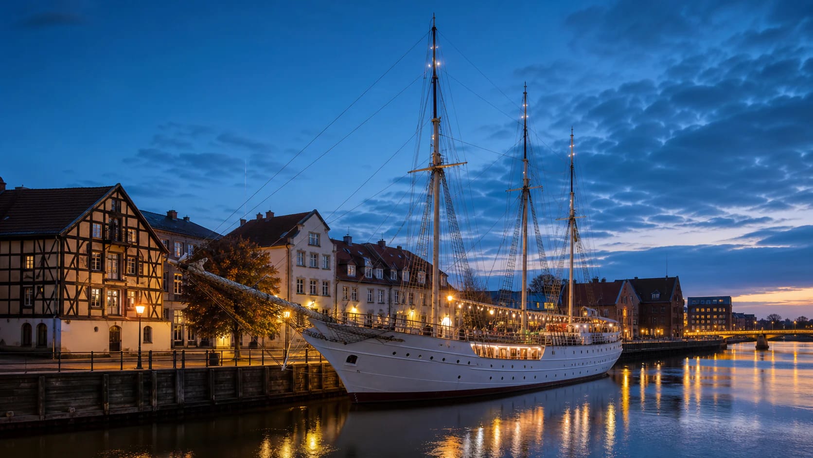 Sailing Ship Meridianas on the Danė quay in central Klaipėda in evening light