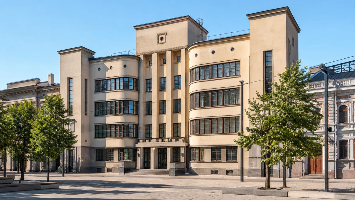 Modernist facade of the former Kaunas Central Post Office on Laisvės aleja in Kaunas