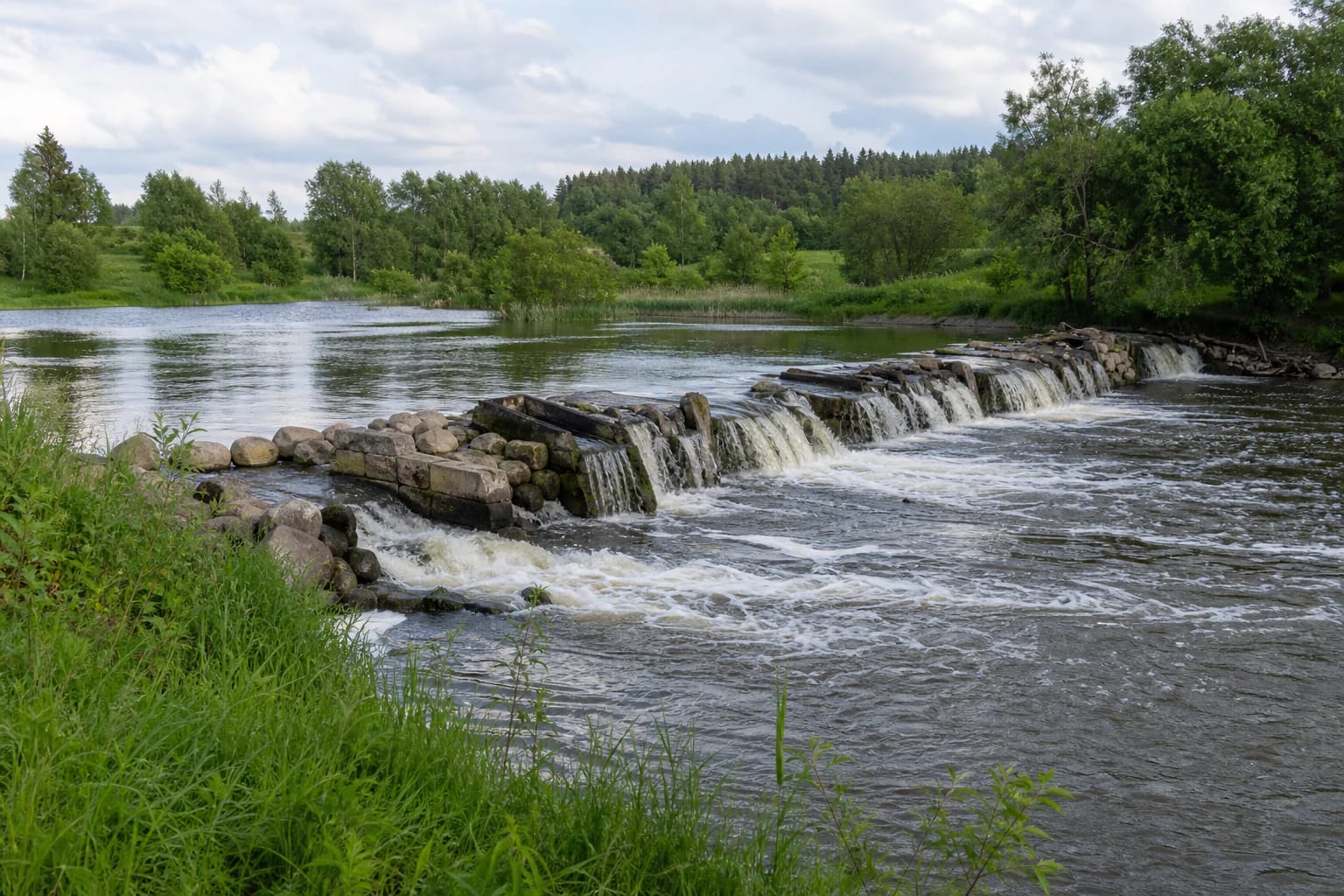 Low Slabada mill dam of stones, old oak timbers, and concrete with foaming Nevėžis water spilling over it