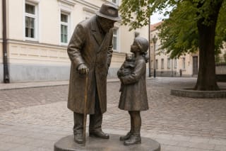 Bronzinis Cemachas Šabadas su ilgu paltu ir lazdele kalbasi su mergaite, laikančia katiną, Vilniaus senamiesčio gatvėje