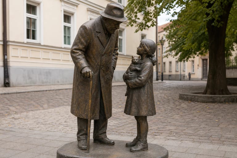 Bronzinis Cemachas Šabadas su ilgu paltu ir lazdele kalbasi su mergaite, laikančia katiną, Vilniaus senamiesčio gatvėje